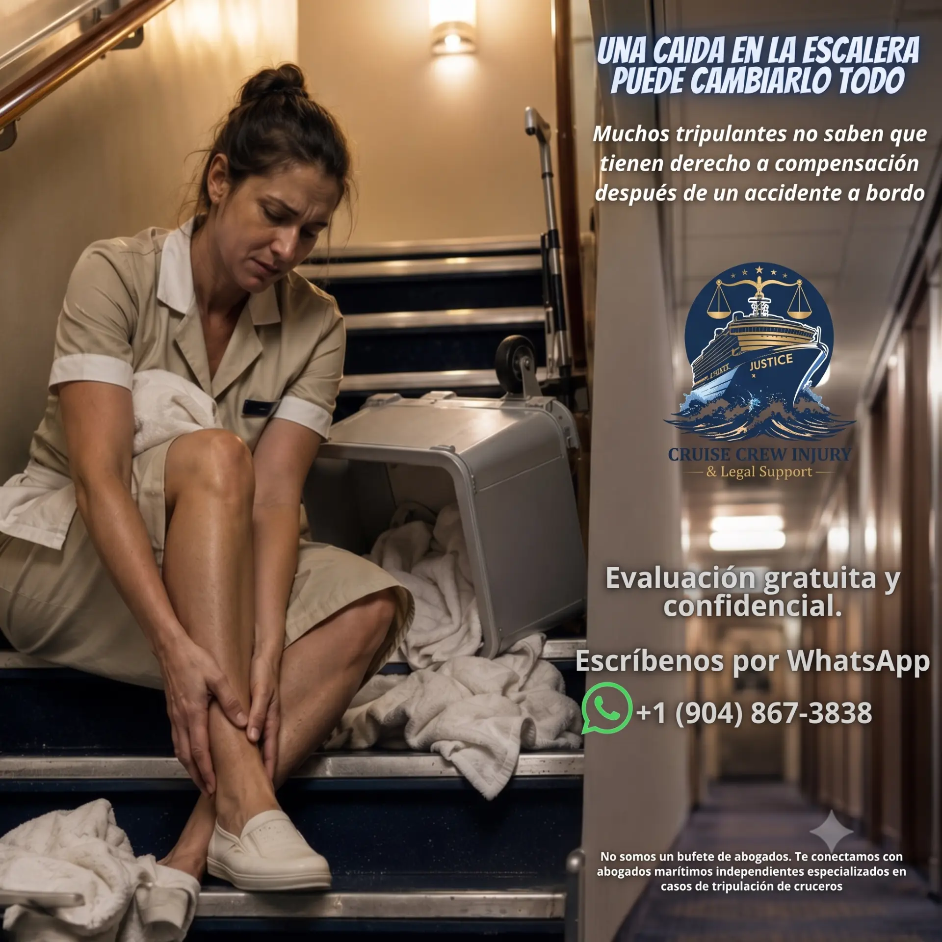 Camarera de crucero lesionada tras una caída en la escalera de servicio
