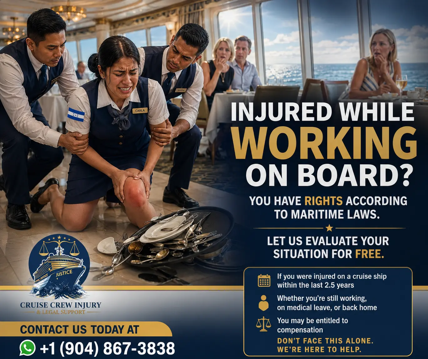 Tripulante lesionada en el comedor de un crucero atendida por sus compañeros